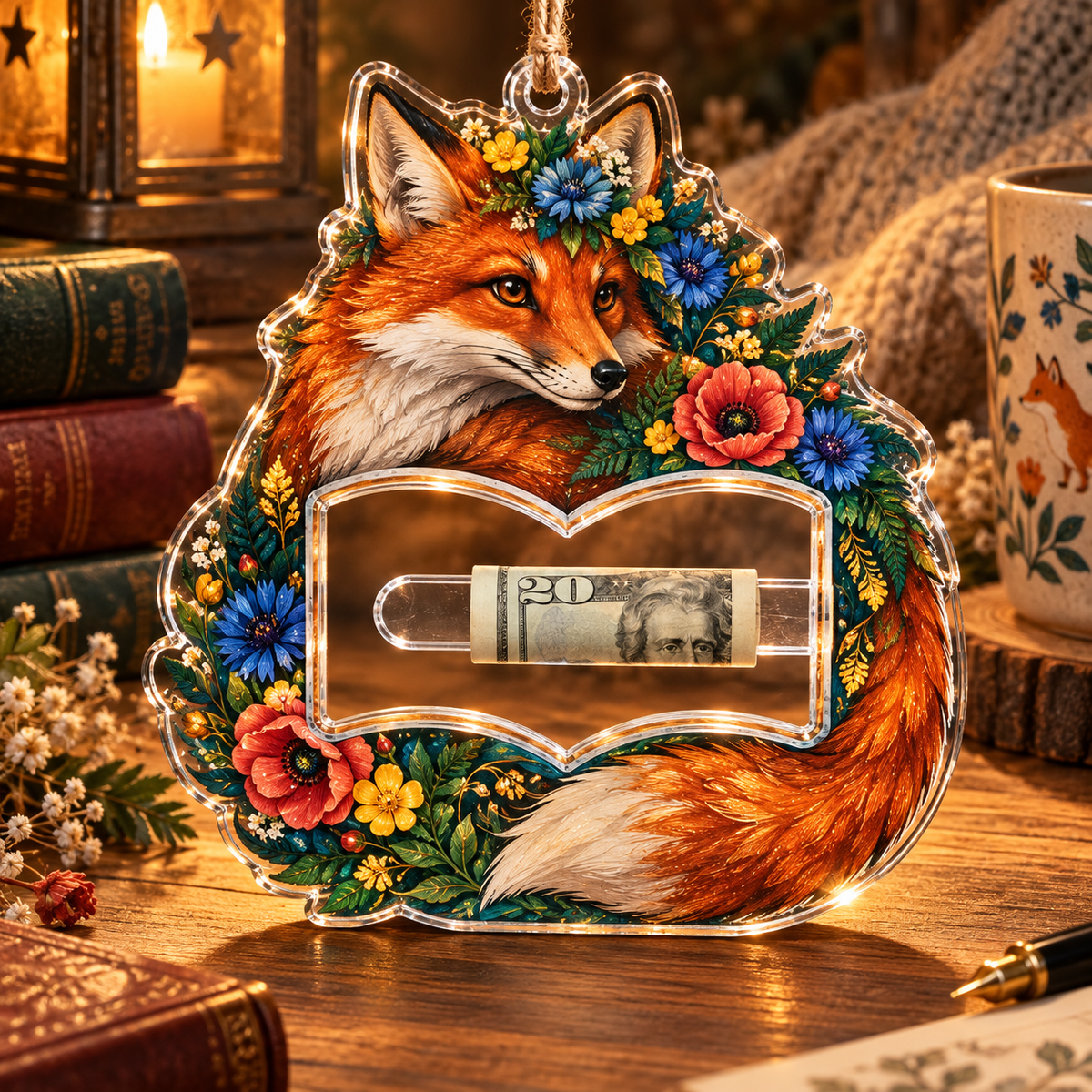 Foxglade Storybloom Acrylic Cash Holder Ornament with printed optical 3D artwork in its use setting