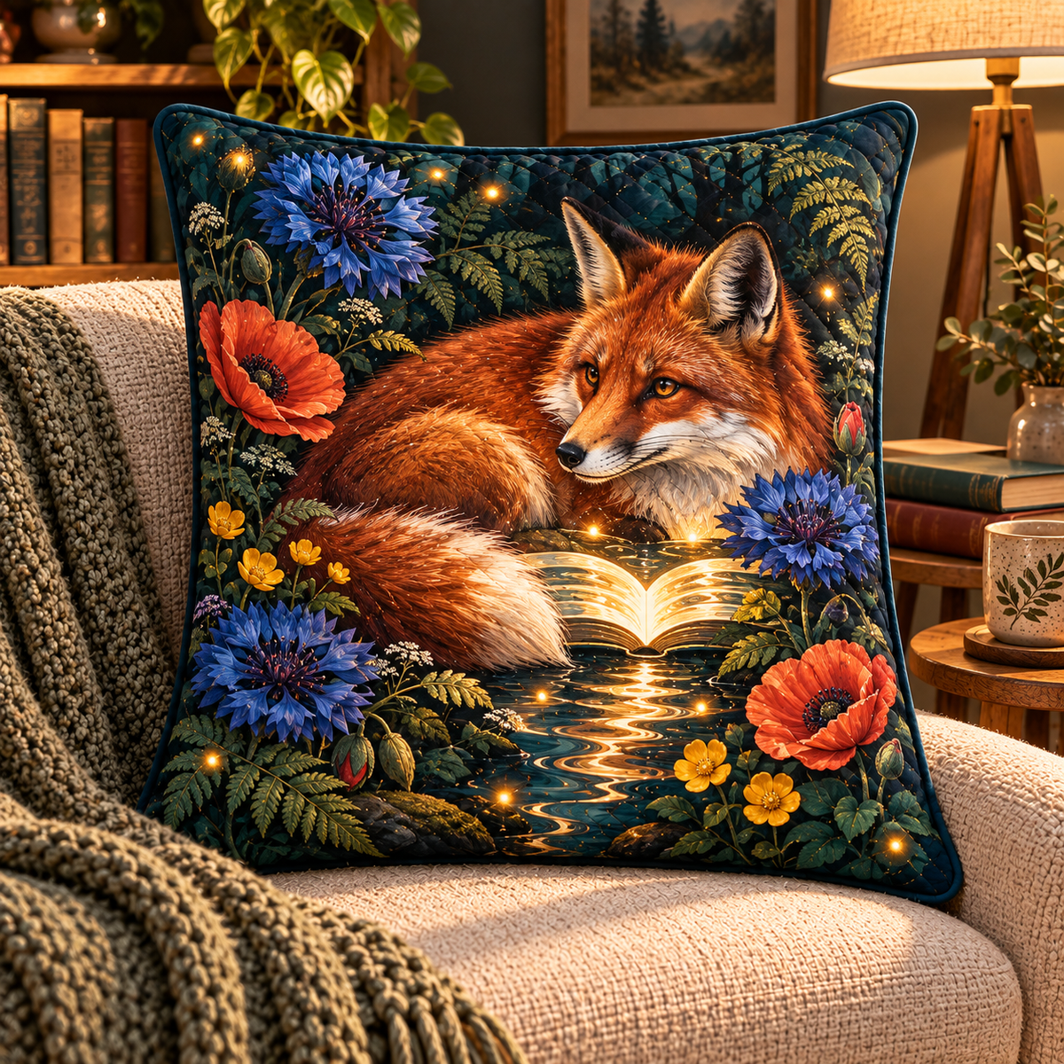Foxglade Storybloom Quilted Cushion Cover with printed optical 3D artwork in its use setting