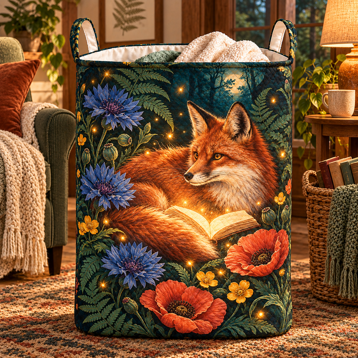 Foxglade Storybloom Laundry Hamper with printed optical 3D artwork in its use setting