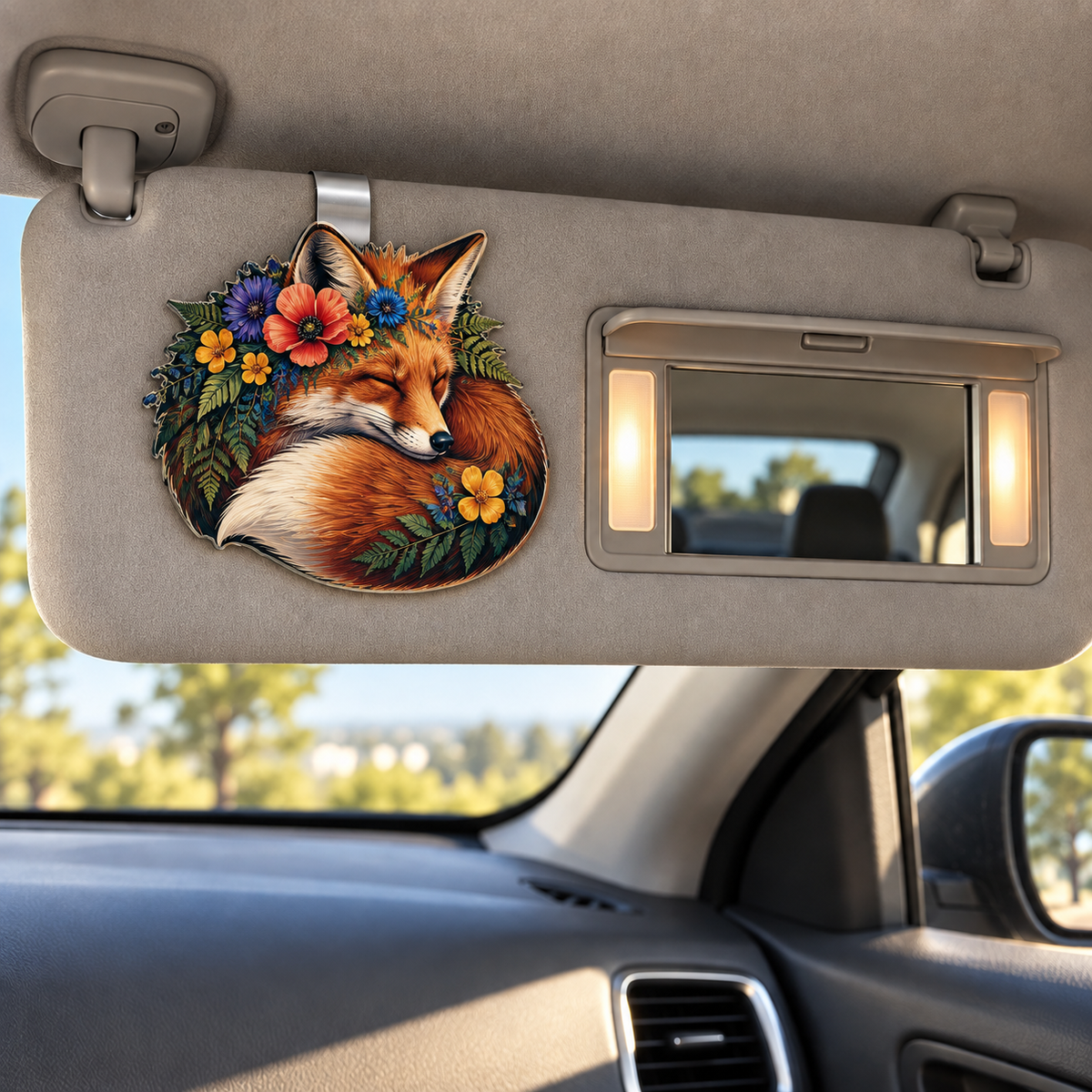 Foxglade Storybloom Holographic Car Visor Clip with printed optical 3D artwork in its use setting