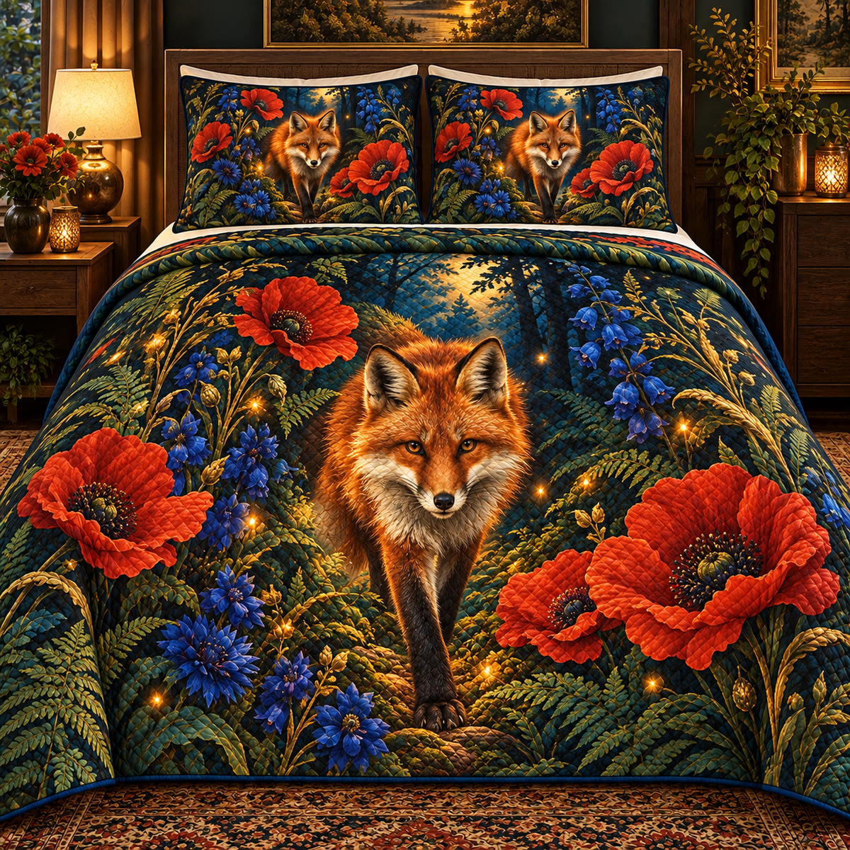 Foxfire Poppy Canopy Quilted Bedding Set with printed optical 3D artwork in its use setting