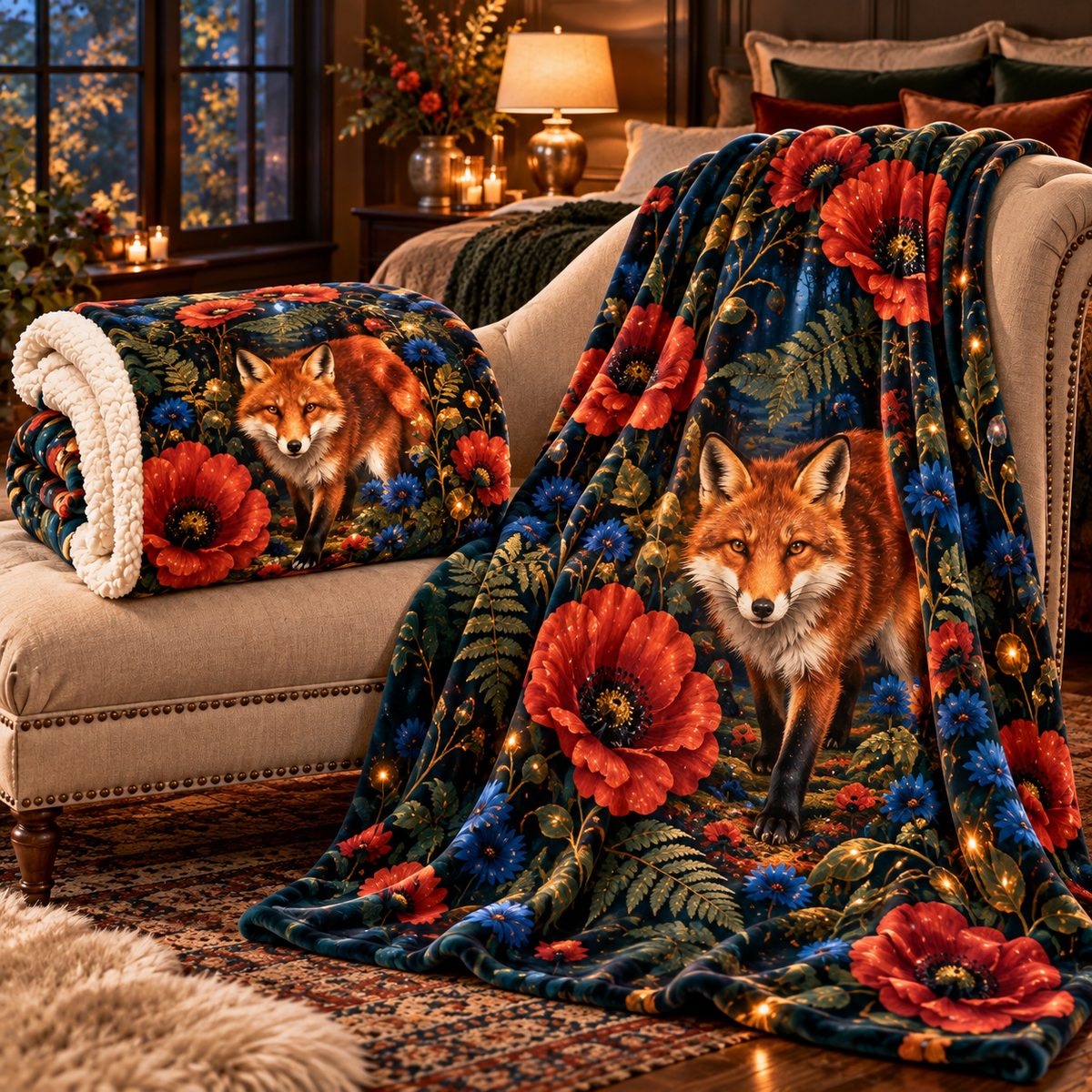 Foxfire Poppy Canopy Sherpa & Fleece Blanket with printed optical 3D artwork in its use setting
