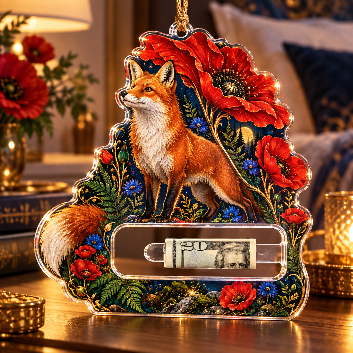Foxfire Poppy Canopy Acrylic Cash Holder Ornament with printed optical 3D artwork in its use setting