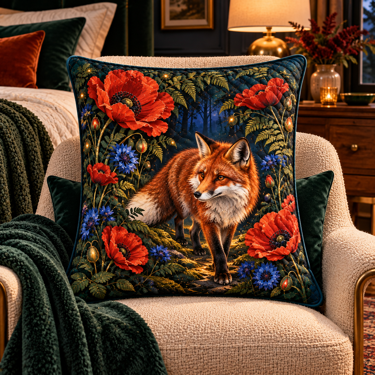 Foxfire Poppy Canopy Quilted Cushion Cover with printed optical 3D artwork in its use setting