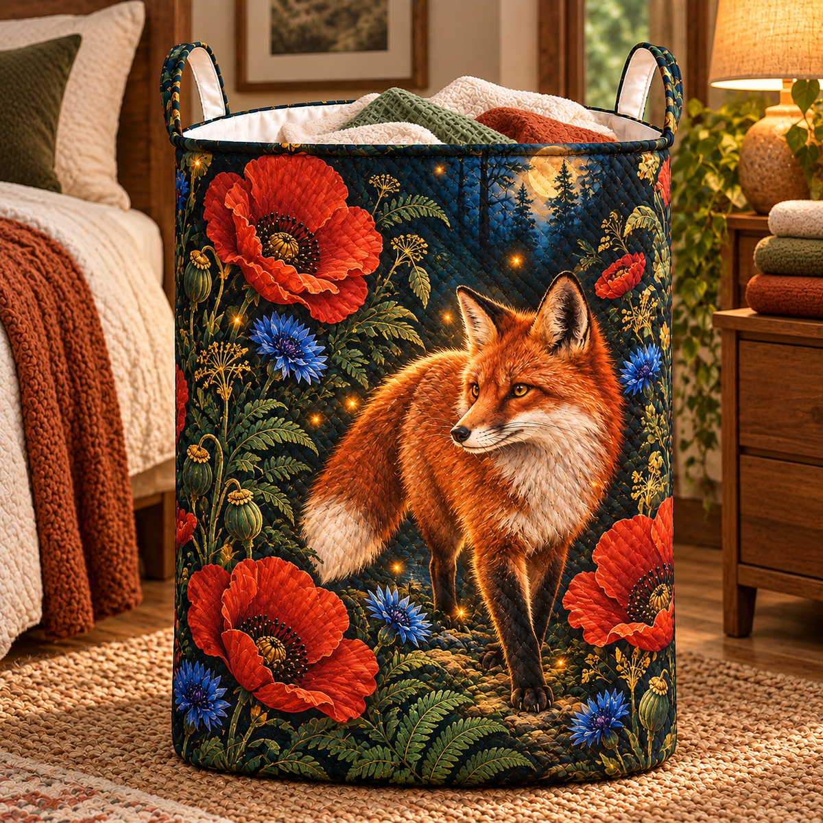 Foxfire Poppy Canopy Laundry Hamper with printed optical 3D artwork in its use setting