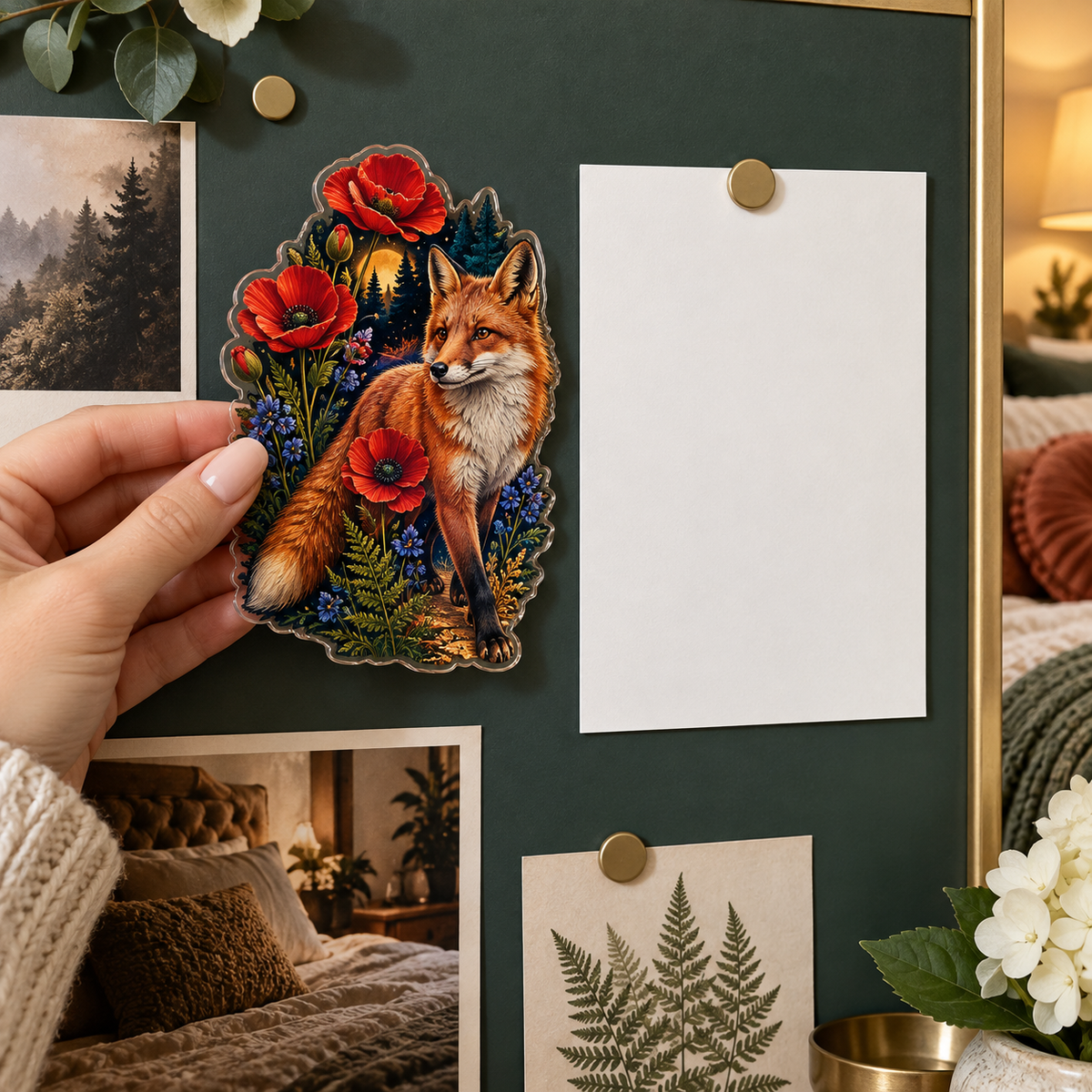 Foxfire Poppy Canopy Acrylic Refrigerator Magnet with printed optical 3D artwork in its use setting