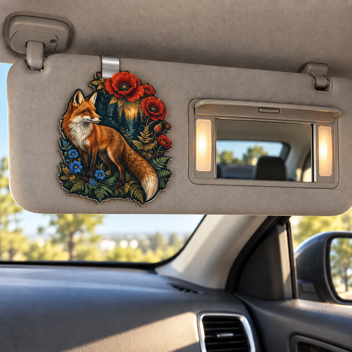Foxfire Poppy Canopy Holographic Car Visor Clip with printed optical 3D artwork in its use setting