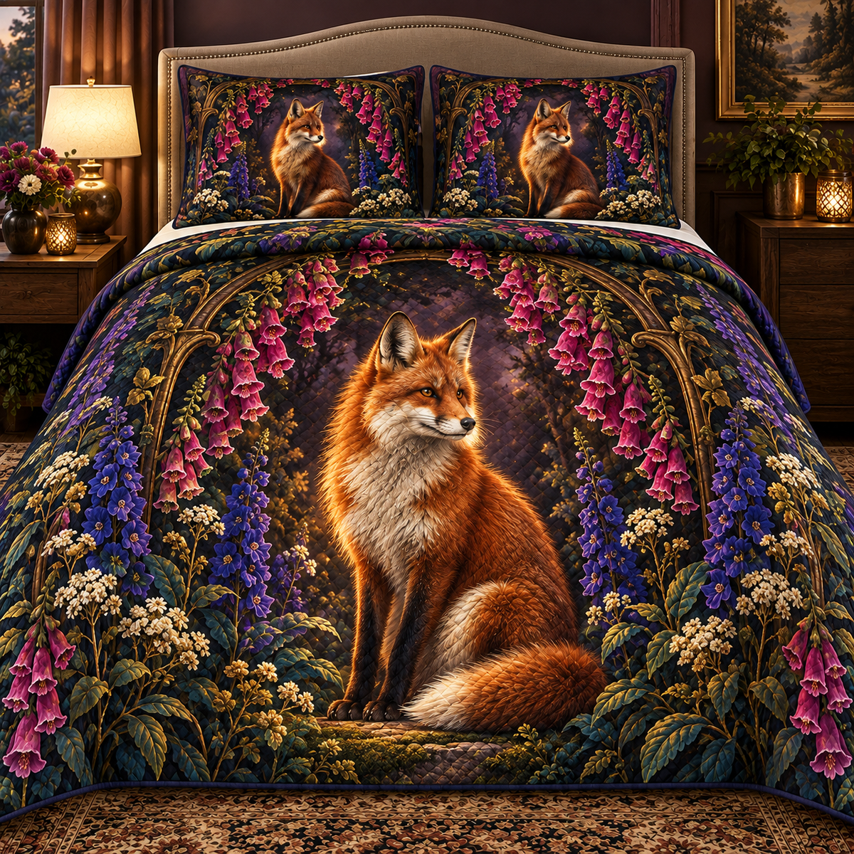 Foxglove Ember Arch Quilted Bedding Set with printed optical 3D artwork in its use setting