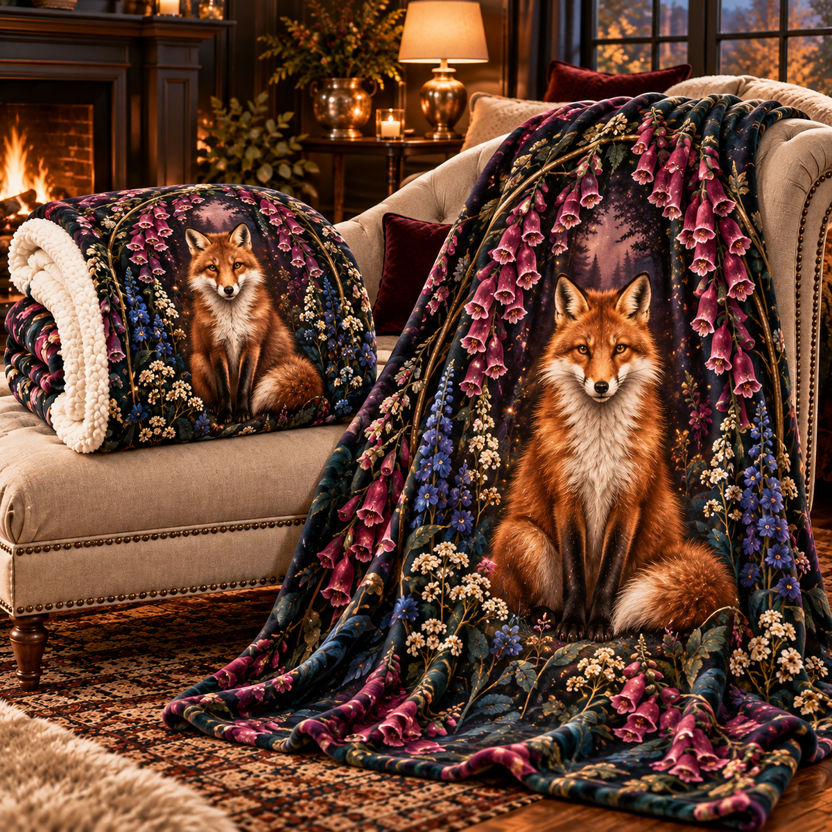 Foxglove Ember Arch Sherpa & Fleece Blanket with printed optical 3D artwork in its use setting