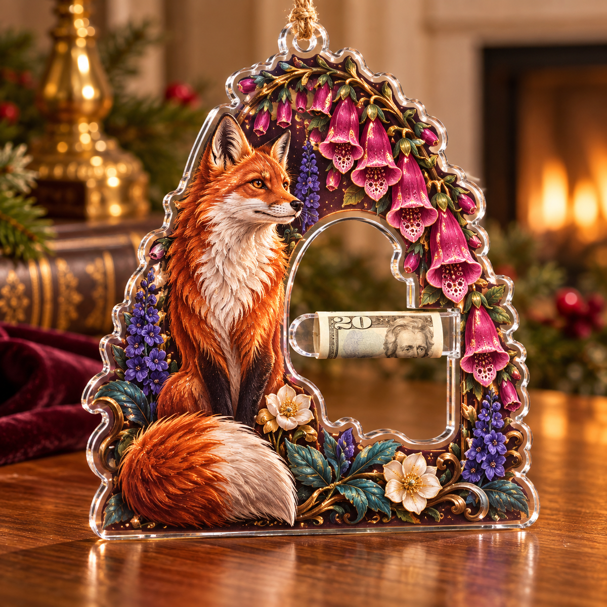 Foxglove Ember Arch Acrylic Cash Holder Ornament with printed optical 3D artwork in its use setting