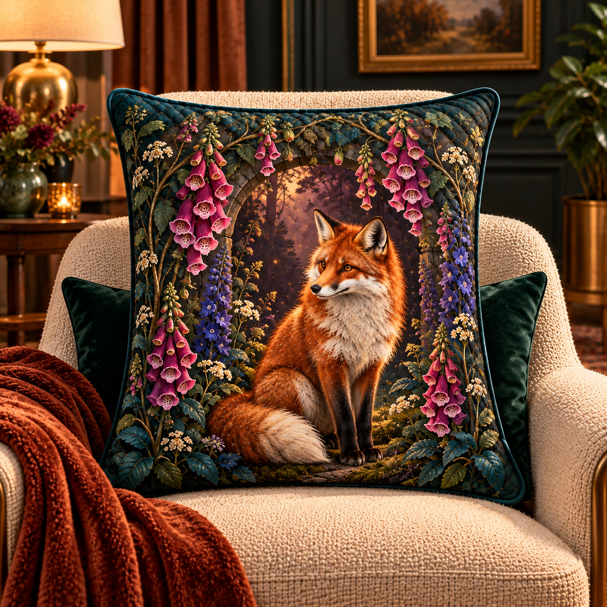 Foxglove Ember Arch Quilted Cushion Cover with printed optical 3D artwork in its use setting