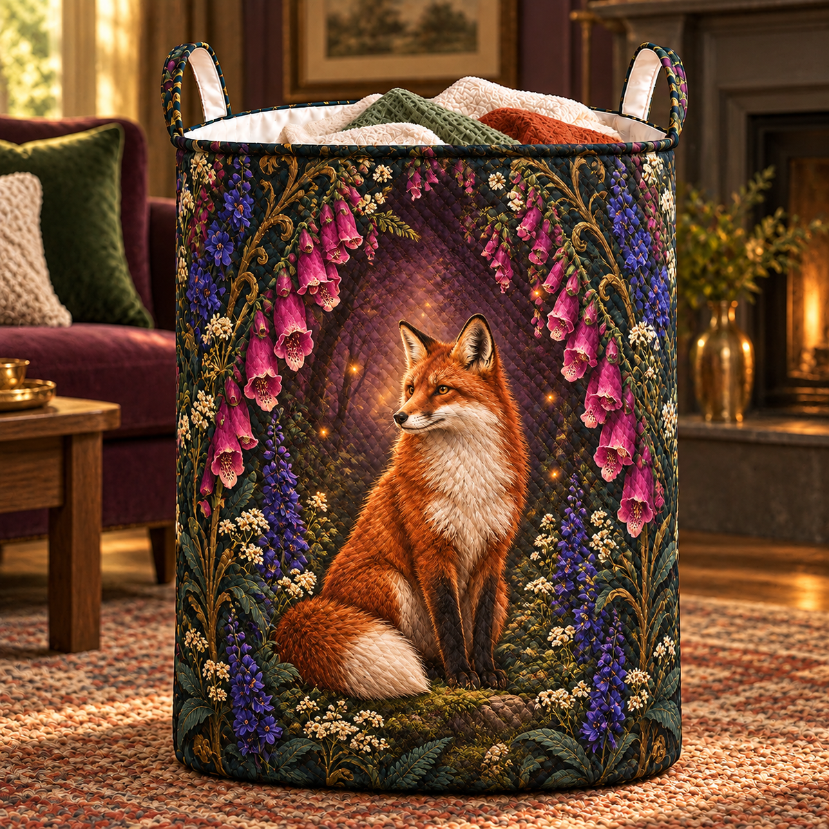 Foxglove Ember Arch Laundry Hamper with printed optical 3D artwork in its use setting