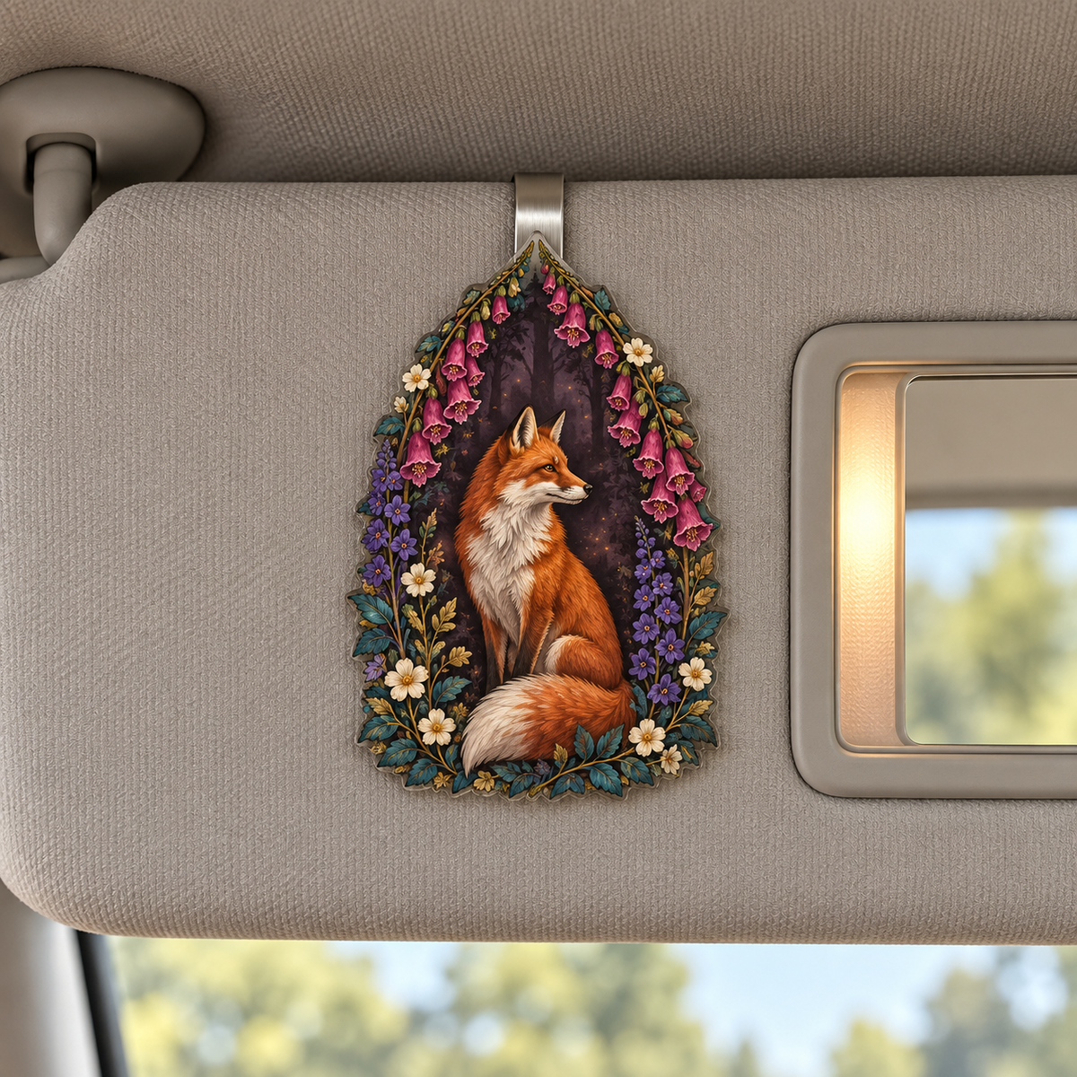 Foxglove Ember Arch Holographic Car Visor Clip with printed optical 3D artwork in its use setting