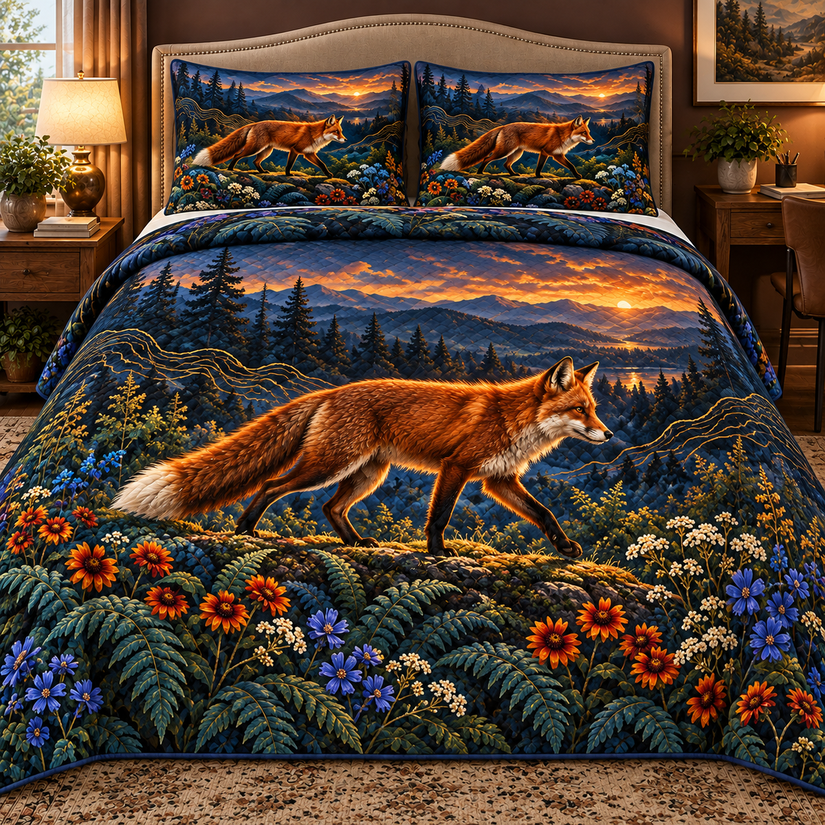 Foxfern Horizon Study Quilted Bedding Set with printed optical 3D artwork in its use setting