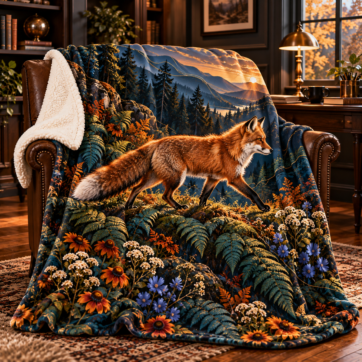 Foxfern Horizon Study Sherpa & Fleece Blanket with printed optical 3D artwork in its use setting