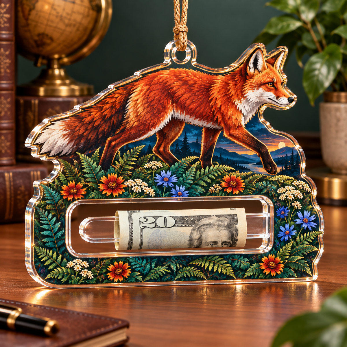 Foxfern Horizon Study Acrylic Cash Holder Ornament with printed optical 3D artwork in its use setting