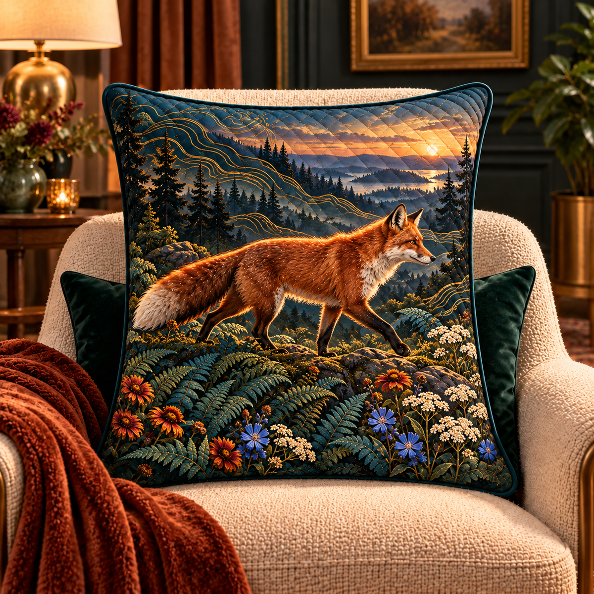Foxfern Horizon Study Quilted Cushion Cover with printed optical 3D artwork in its use setting