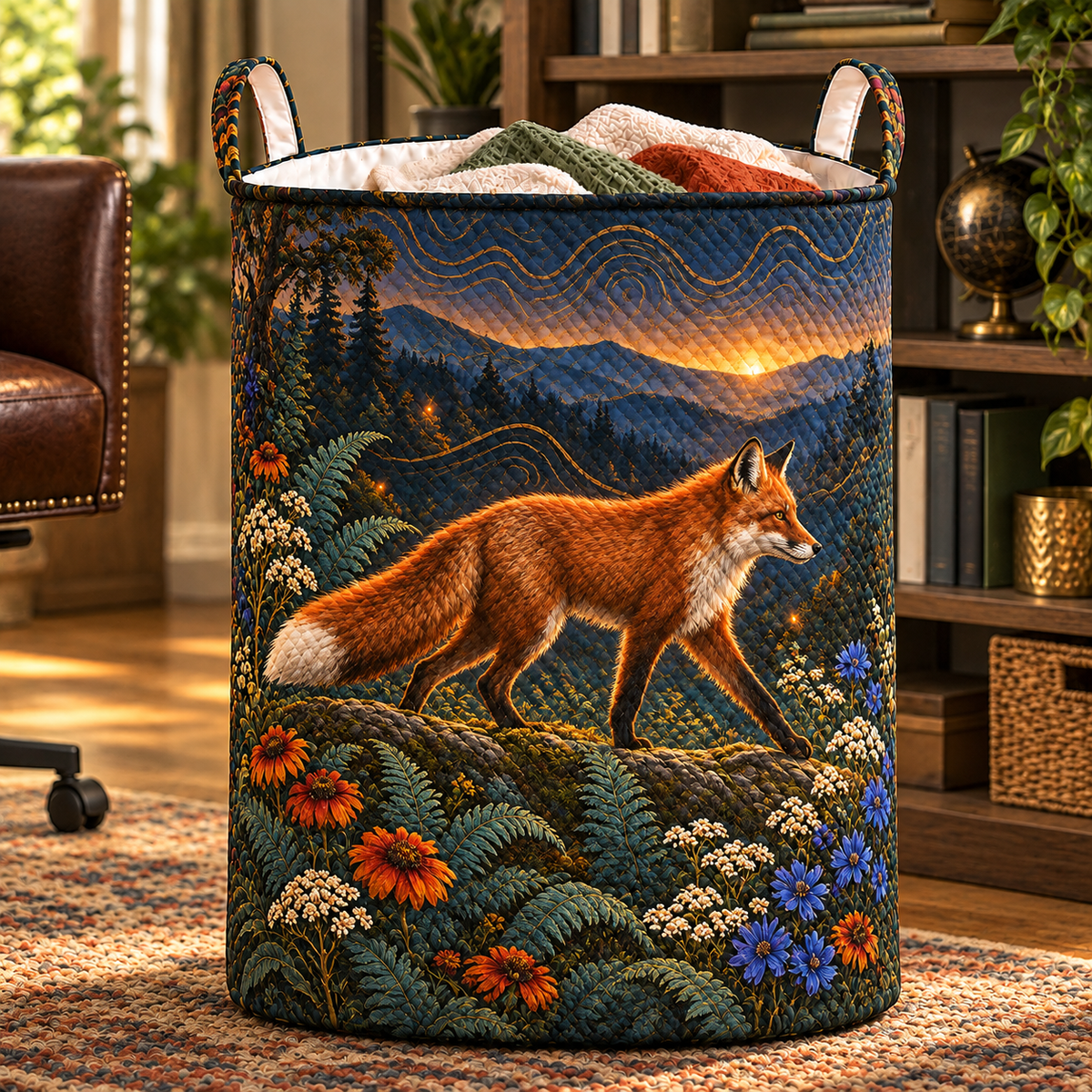 Foxfern Horizon Study Laundry Hamper with printed optical 3D artwork in its use setting