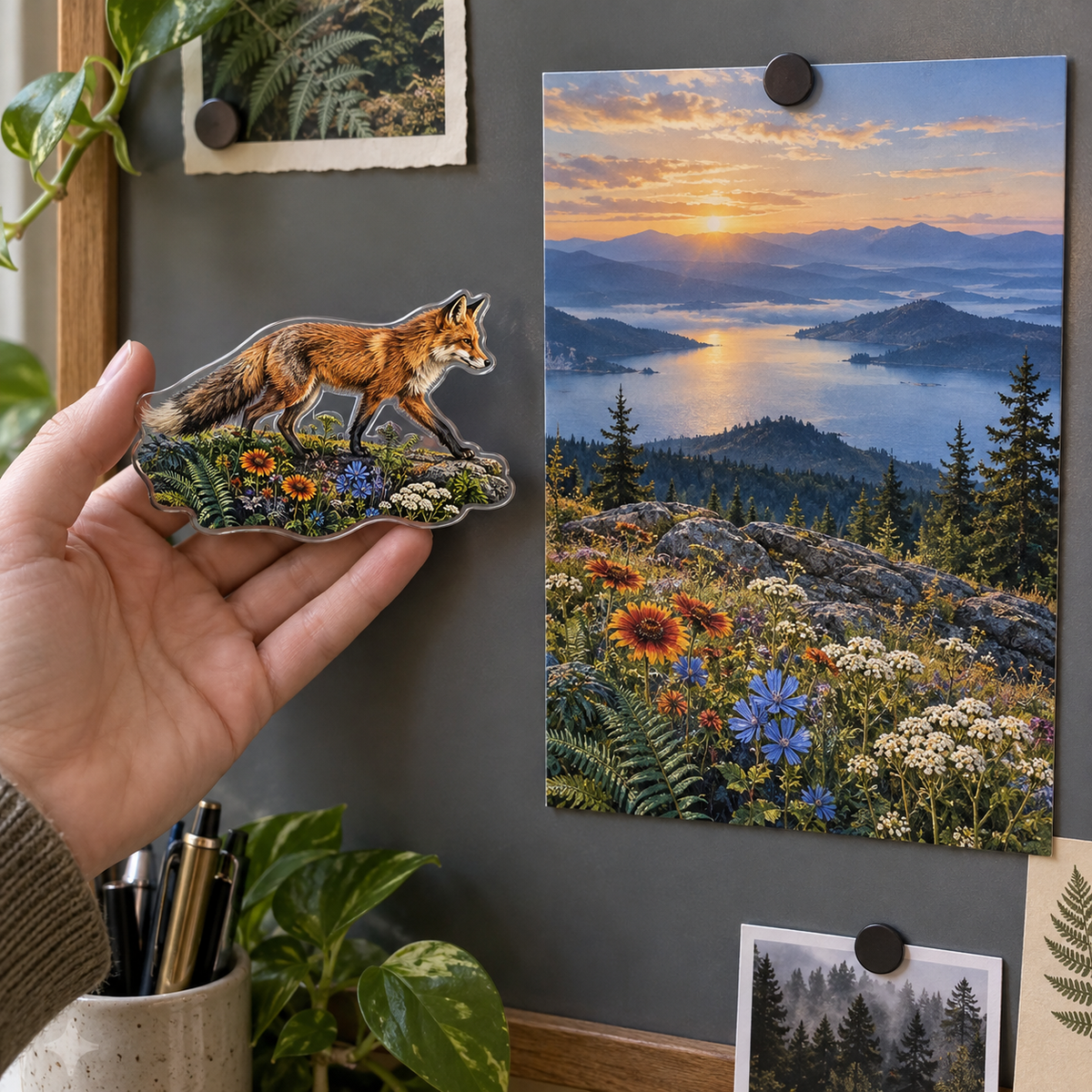 Foxfern Horizon Study Acrylic Refrigerator Magnet with printed optical 3D artwork in its use setting
