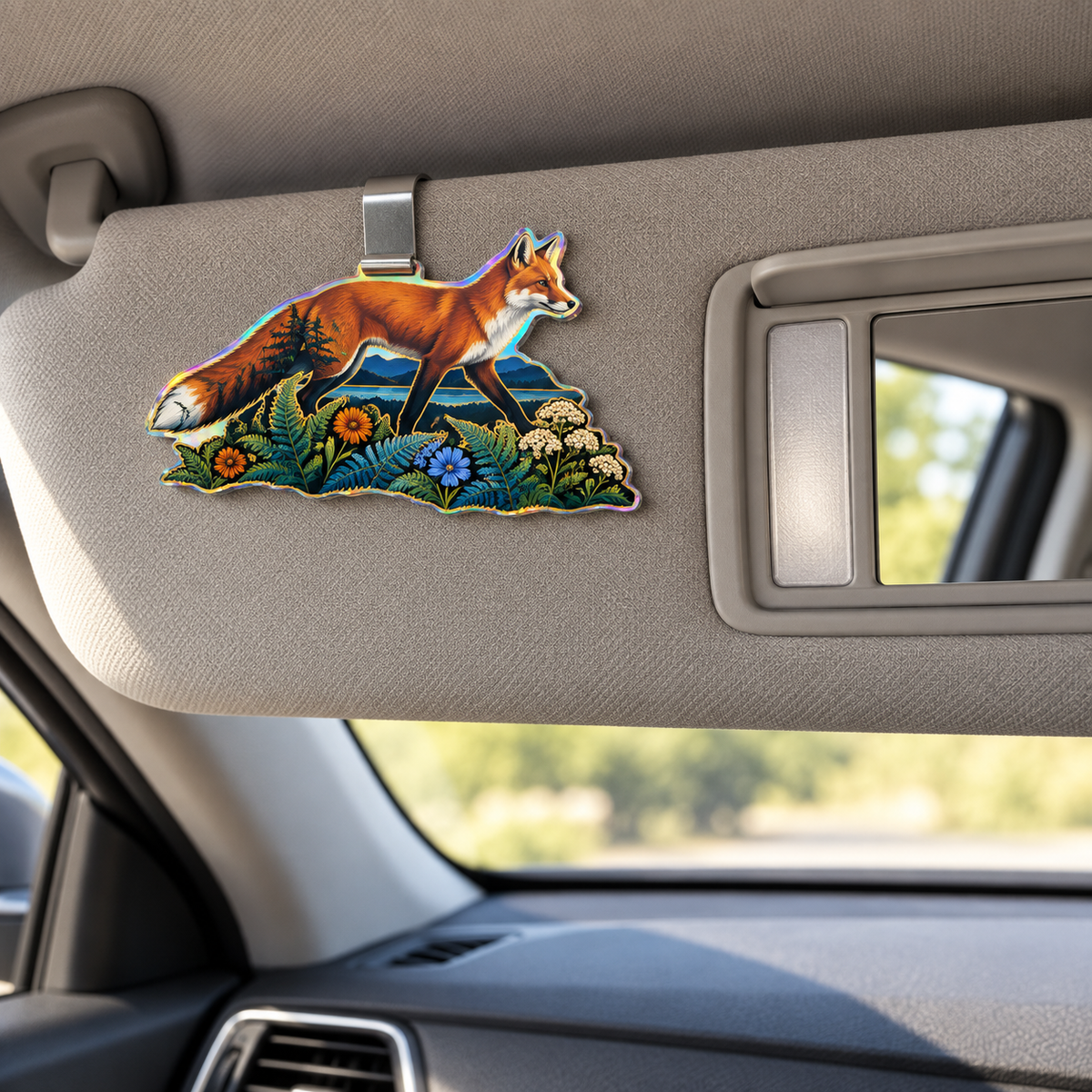 Foxfern Horizon Study Holographic Car Visor Clip with printed optical 3D artwork in its use setting