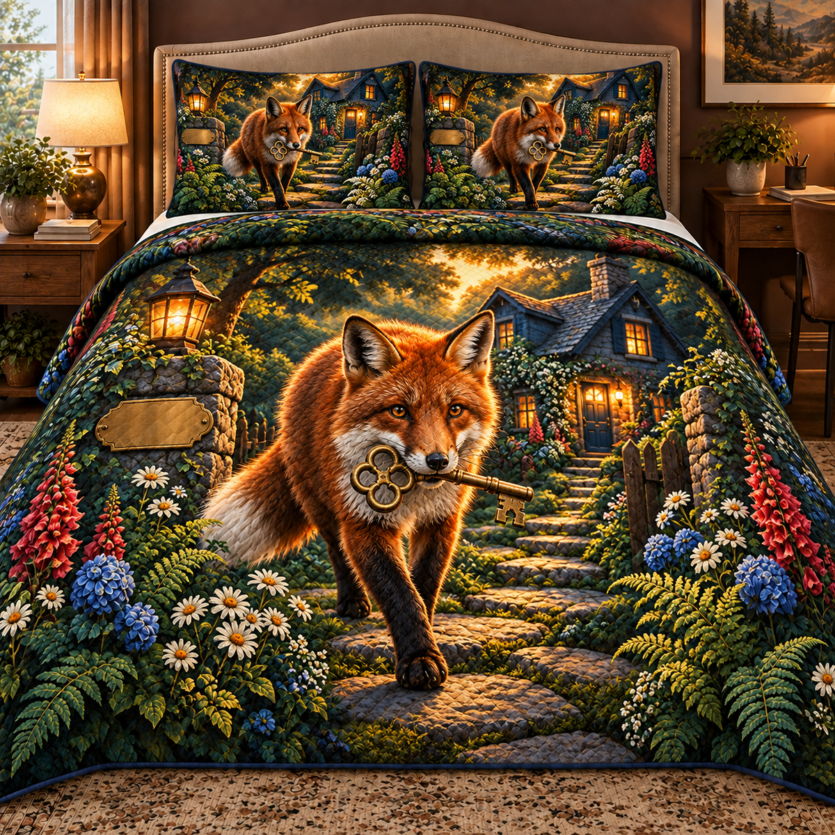 Foxglade Welcome Key Quilted Bedding Set with printed optical 3D artwork in its use setting