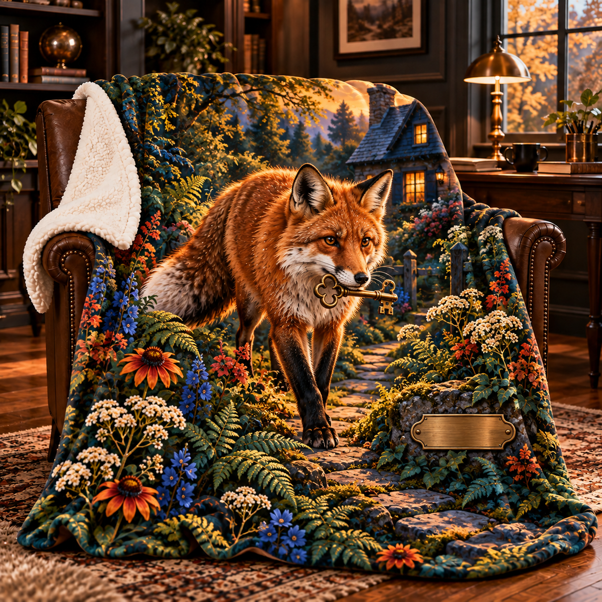 Foxglade Welcome Key Sherpa & Fleece Blanket with printed optical 3D artwork in its use setting