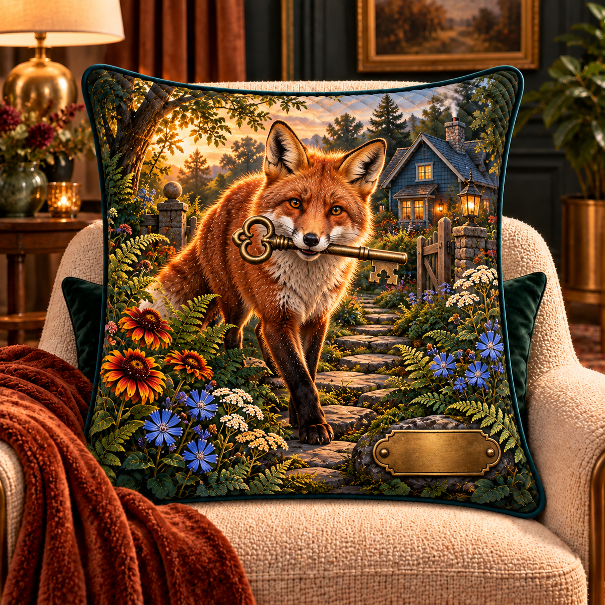Foxglade Welcome Key Quilted Cushion Cover with printed optical 3D artwork in its use setting
