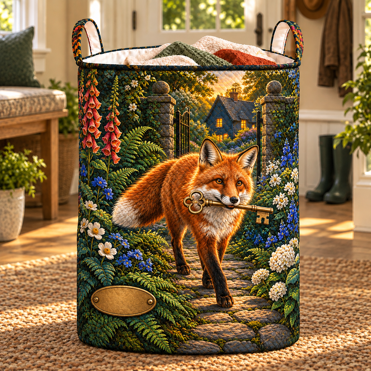 Foxglade Welcome Key Laundry Hamper with printed optical 3D artwork in its use setting