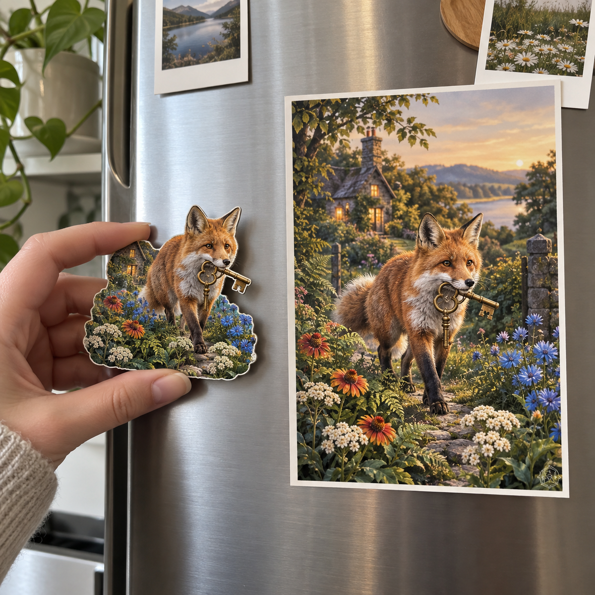 Foxglade Welcome Key Acrylic Refrigerator Magnet with printed optical 3D artwork in its use setting