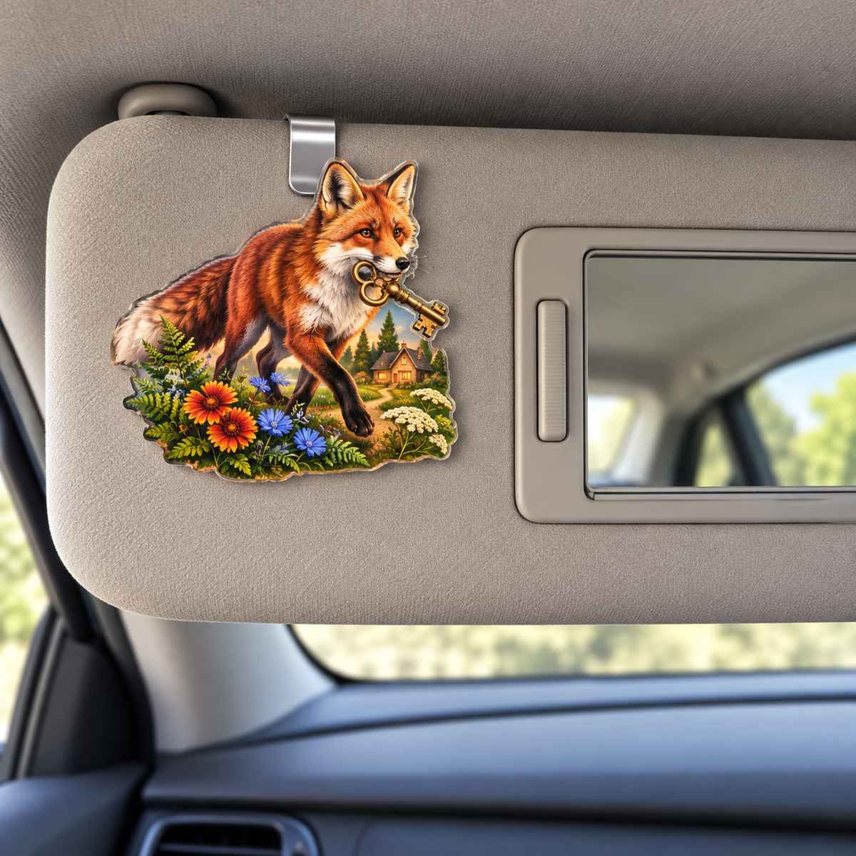 Foxglade Welcome Key Holographic Car Visor Clip with printed optical 3D artwork in its use setting
