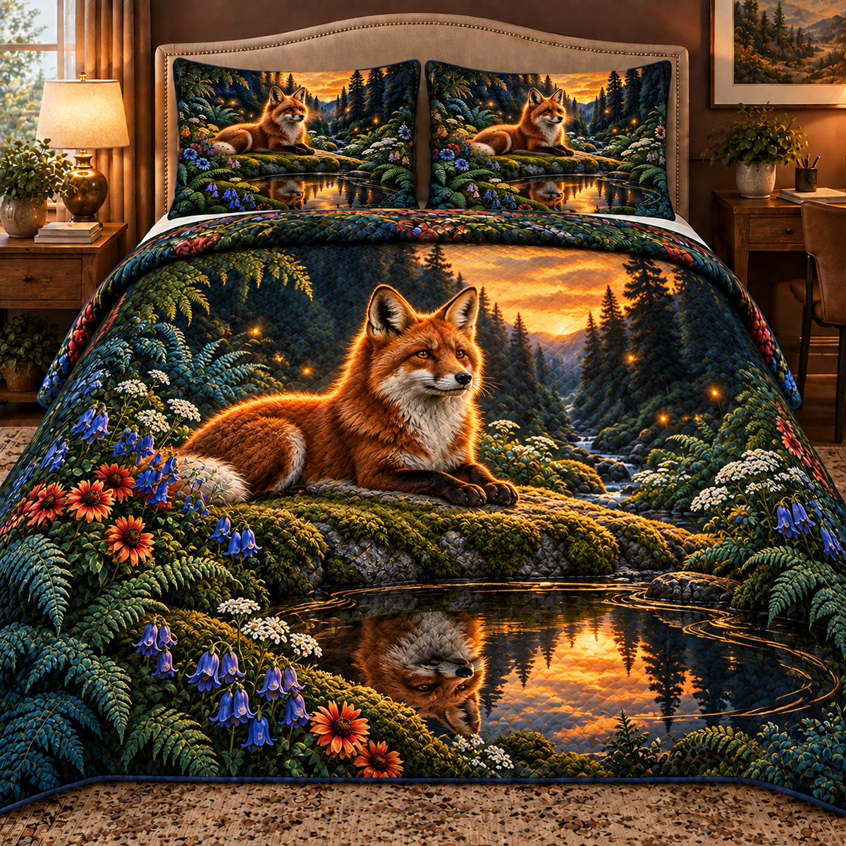 Foxglade Stillwater Nook Quilted Bedding Set with printed optical 3D artwork in its use setting