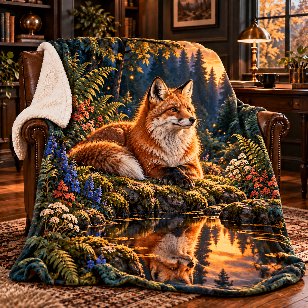 Foxglade Stillwater Nook Sherpa & Fleece Blanket with printed optical 3D artwork in its use setting