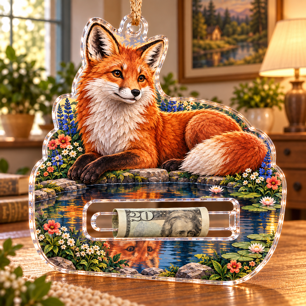 Foxglade Stillwater Nook Acrylic Cash Holder Ornament with printed optical 3D artwork in its use setting