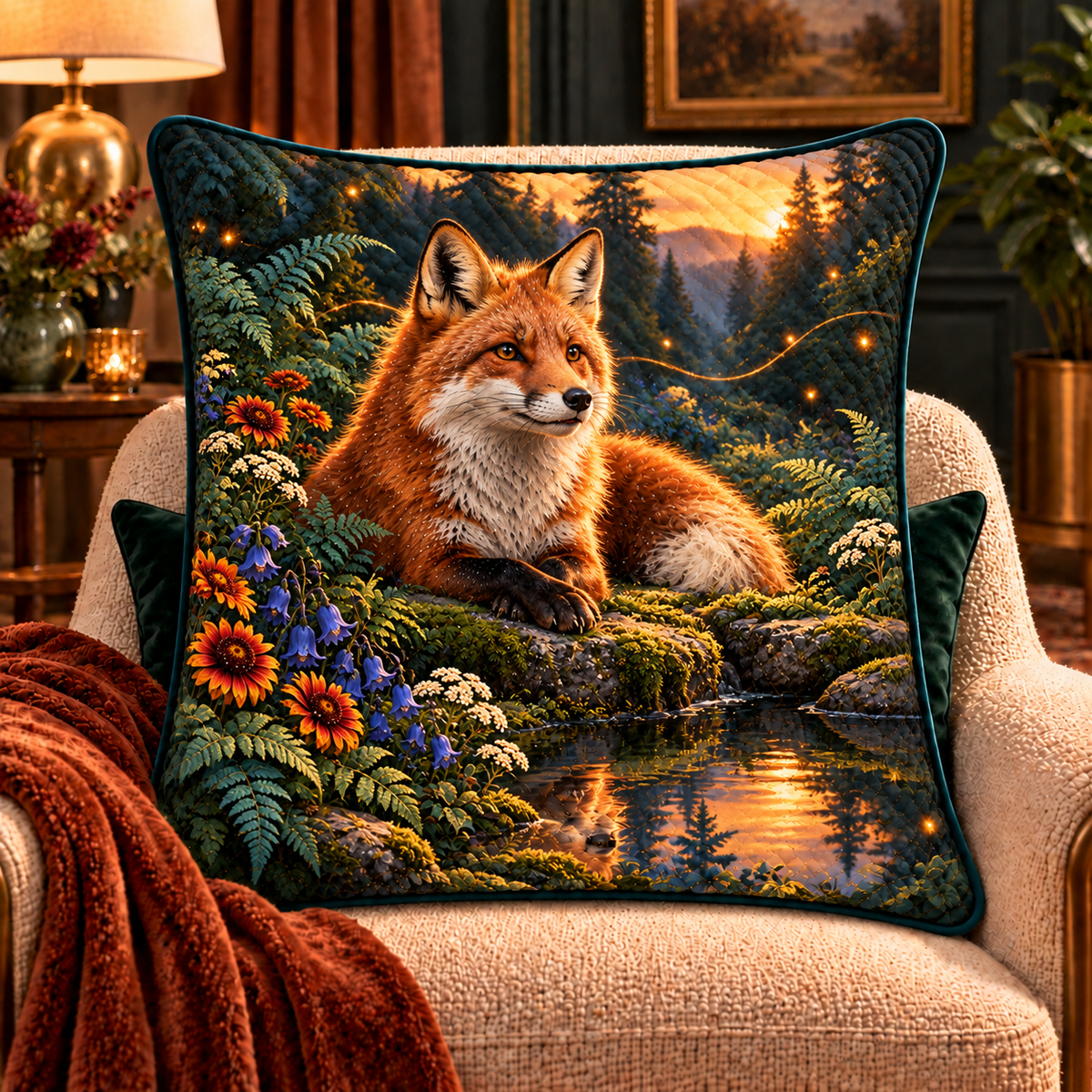 Foxglade Stillwater Nook Quilted Cushion Cover with printed optical 3D artwork in its use setting