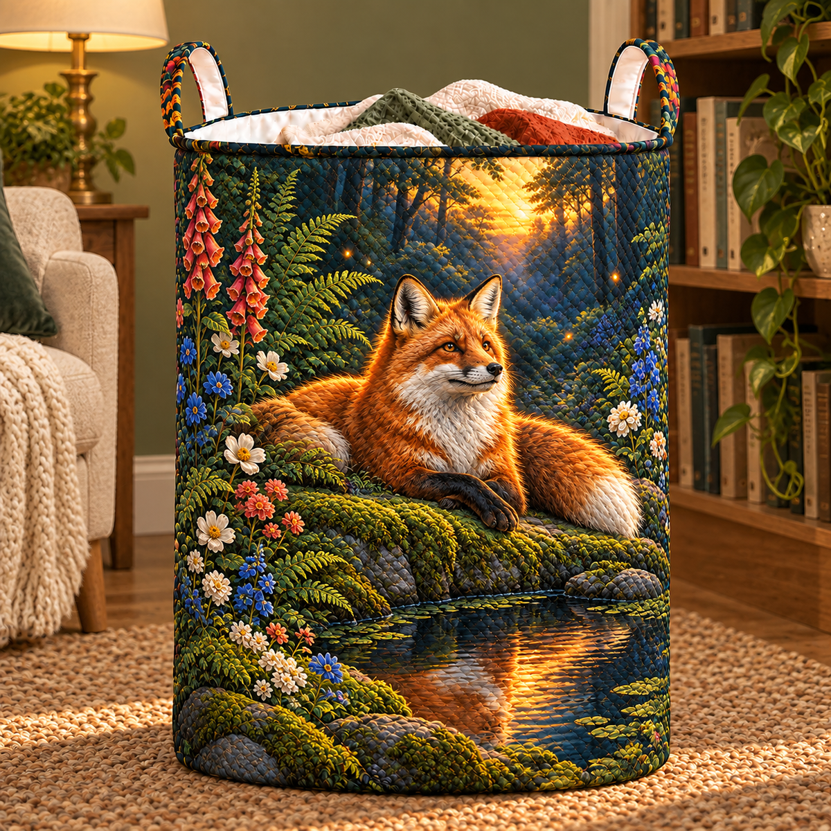 Foxglade Stillwater Nook Laundry Hamper with printed optical 3D artwork in its use setting