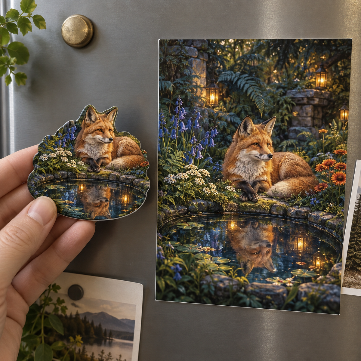 Foxglade Stillwater Nook Acrylic Refrigerator Magnet with printed optical 3D artwork in its use setting