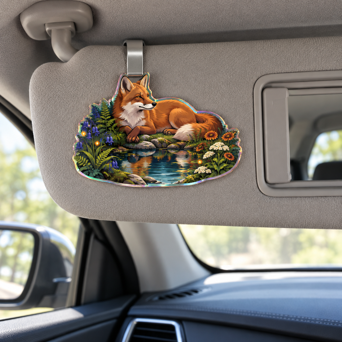 Foxglade Stillwater Nook Holographic Car Visor Clip with printed optical 3D artwork in its use setting
