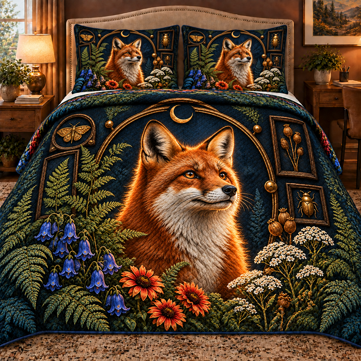 Foxglade Curio Crest Quilted Bedding Set with printed optical 3D artwork in its use setting