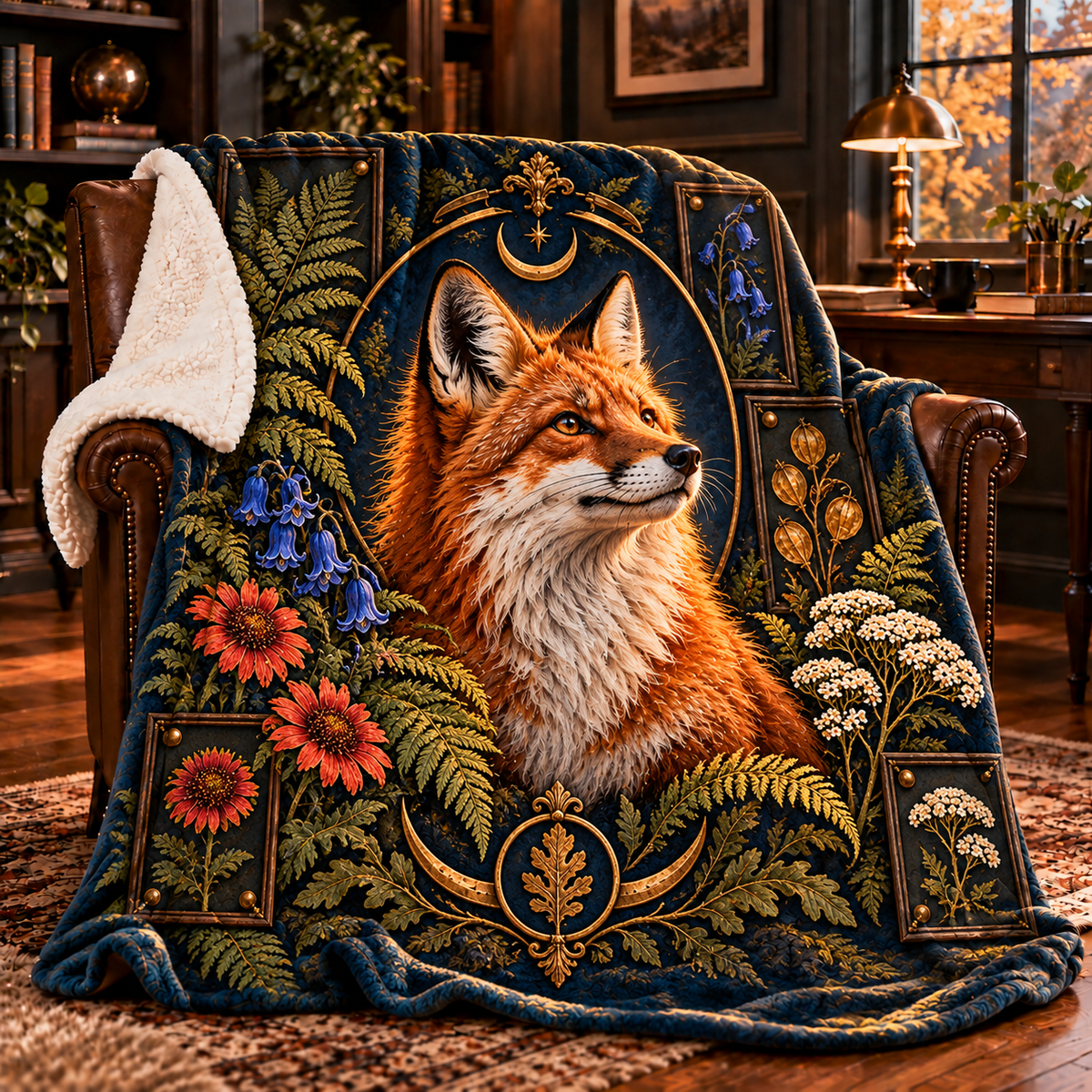 Foxglade Curio Crest Sherpa & Fleece Blanket with printed optical 3D artwork in its use setting