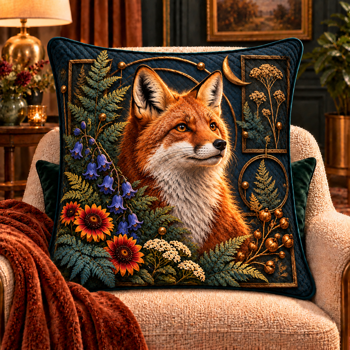 Foxglade Curio Crest Quilted Cushion Cover with printed optical 3D artwork in its use setting