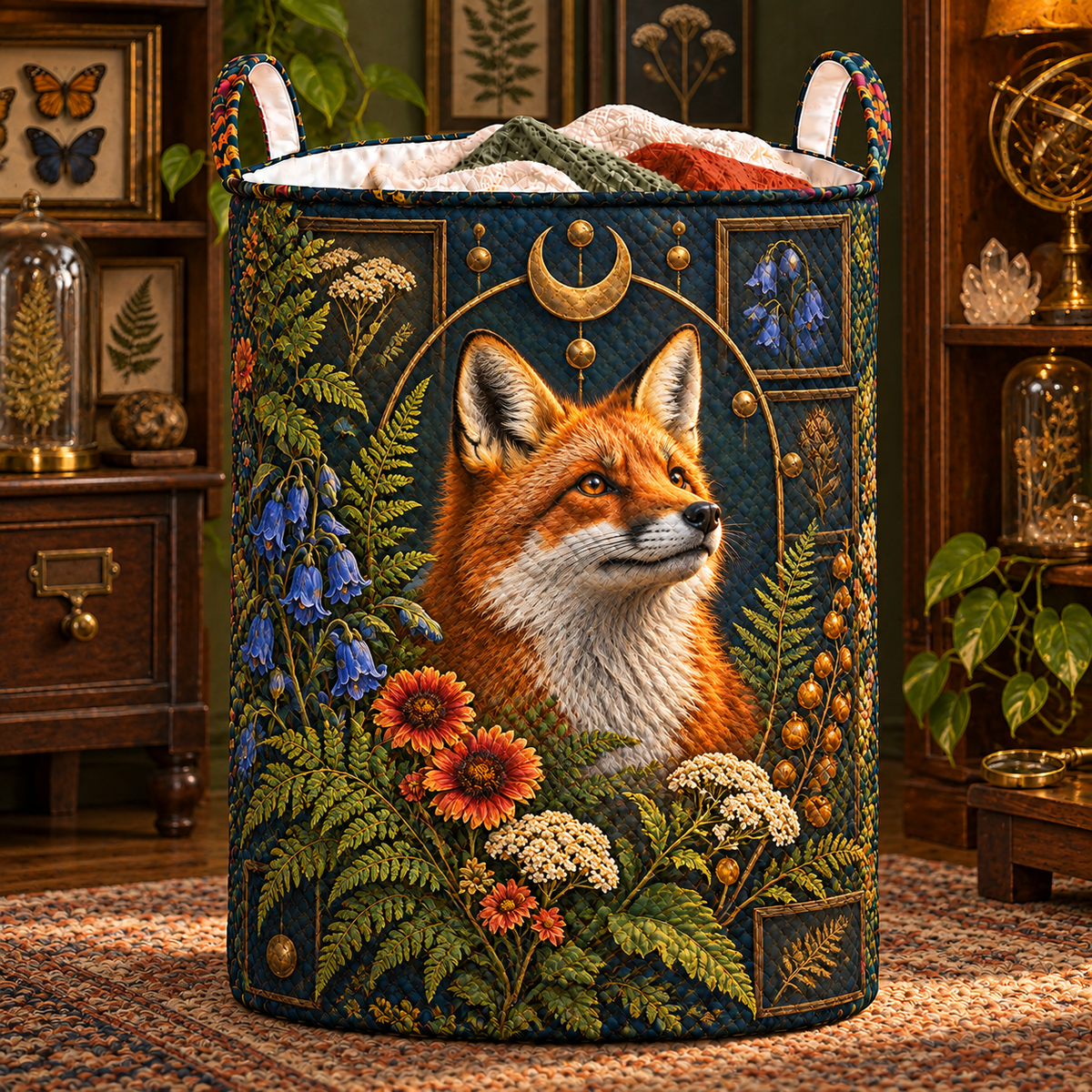 Foxglade Curio Crest Laundry Hamper with printed optical 3D artwork in its use setting