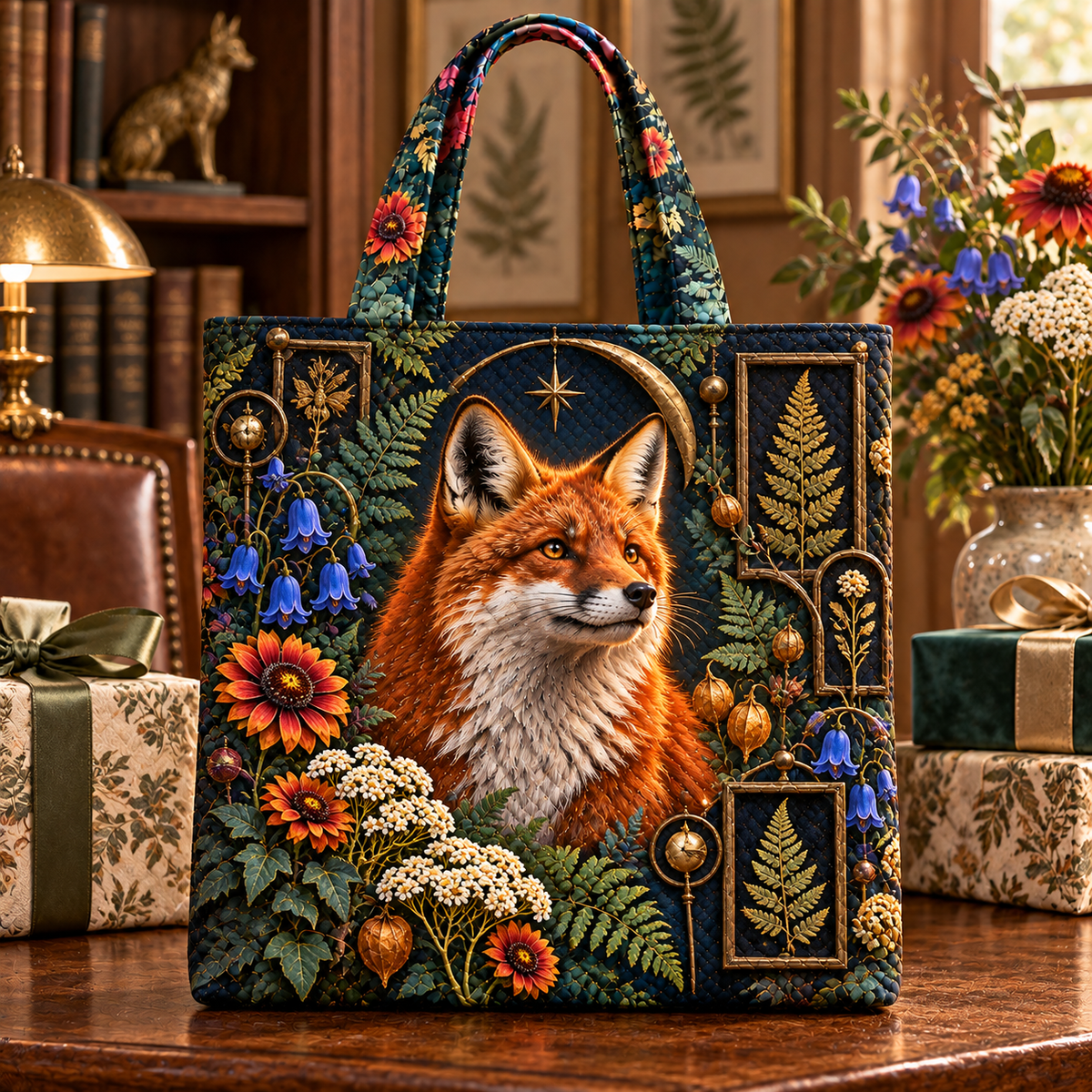 Foxglade Curio Crest Quilted Tote Bag with printed optical 3D artwork in its use setting