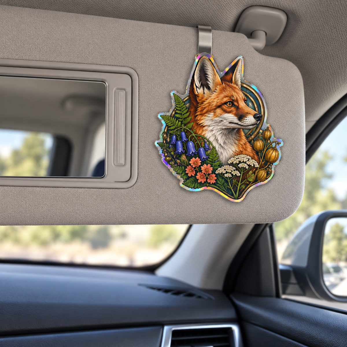 Foxglade Curio Crest Holographic Car Visor Clip with printed optical 3D artwork in its use setting