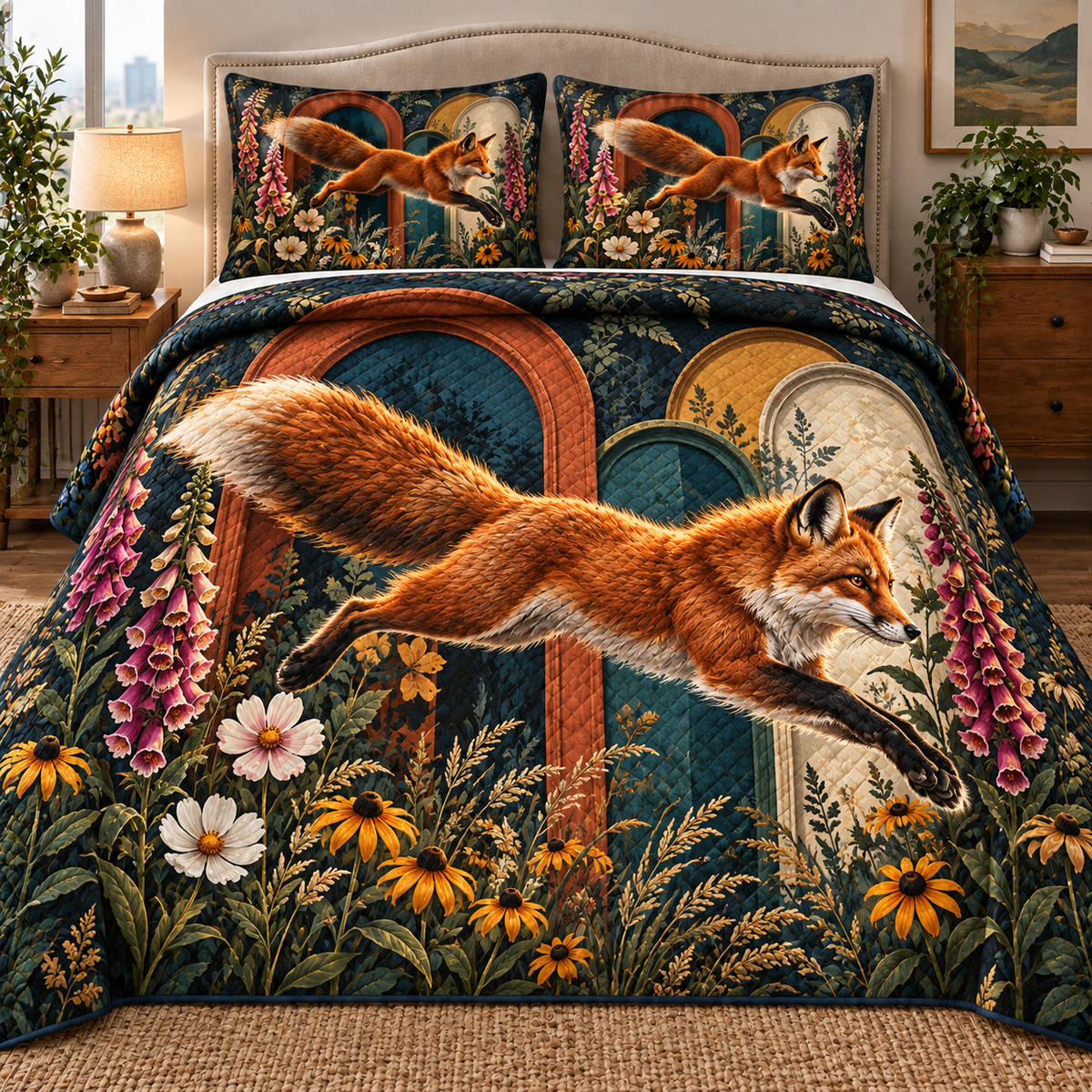 Foxglove Gallery Leap Quilted Bedding Set with printed optical 3D artwork in its use setting