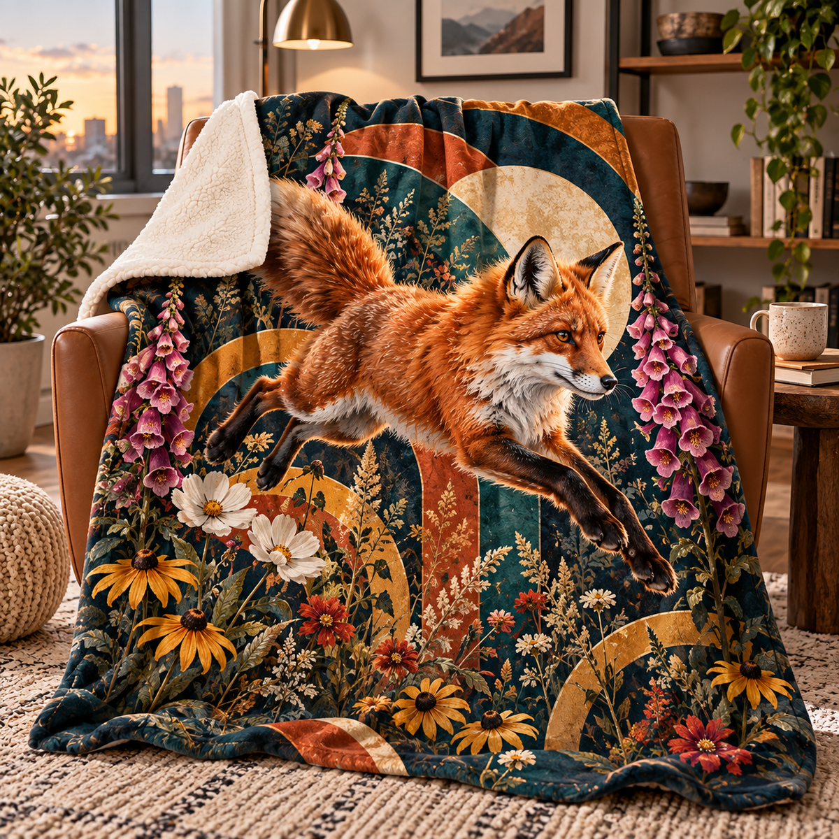 Foxglove Gallery Leap Sherpa & Fleece Blanket with printed optical 3D artwork in its use setting