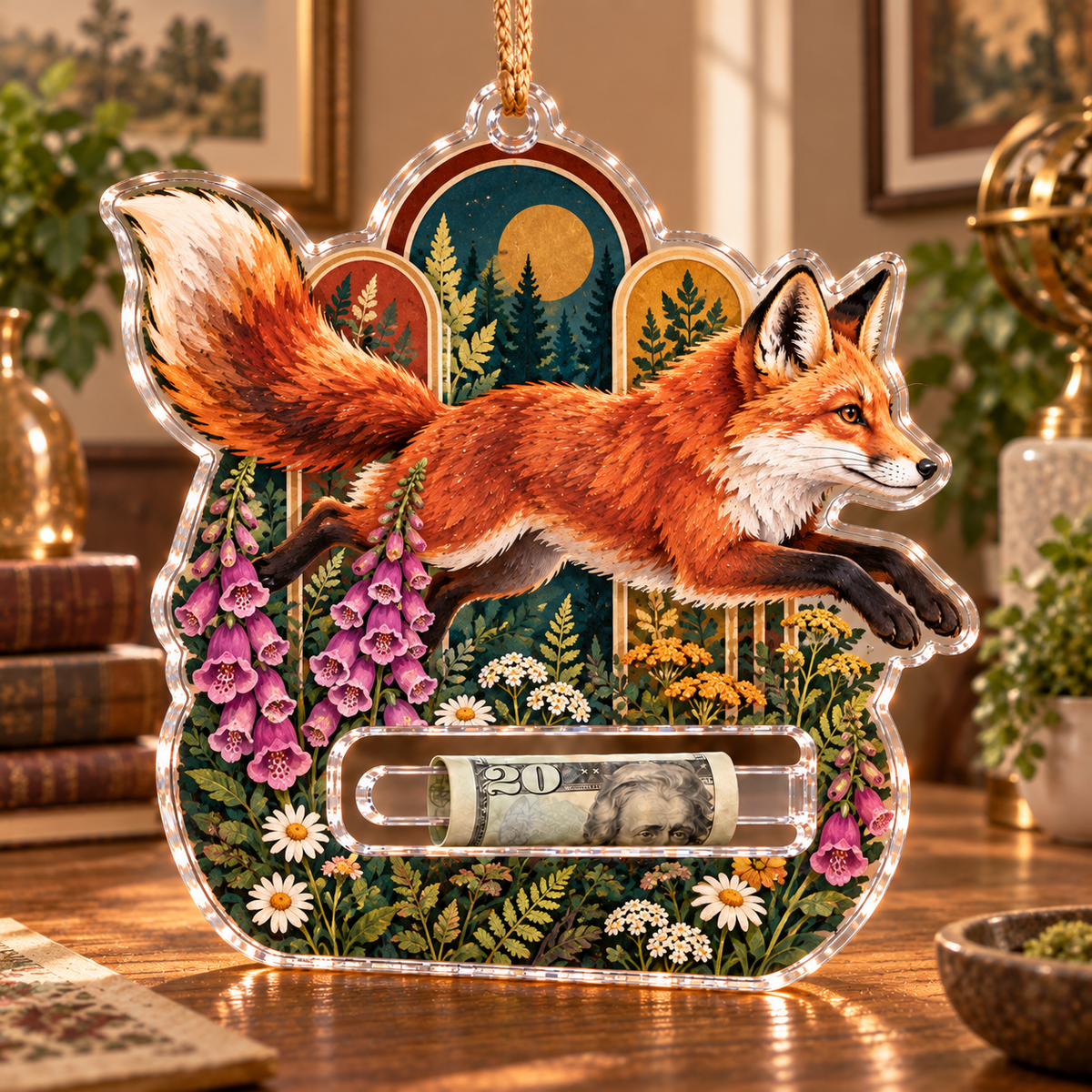 Foxglove Gallery Leap Acrylic Cash Holder Ornament with printed optical 3D artwork in its use setting