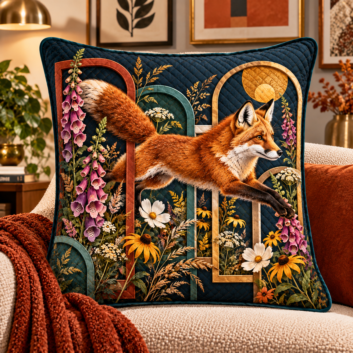 Foxglove Gallery Leap Quilted Cushion Cover with printed optical 3D artwork in its use setting