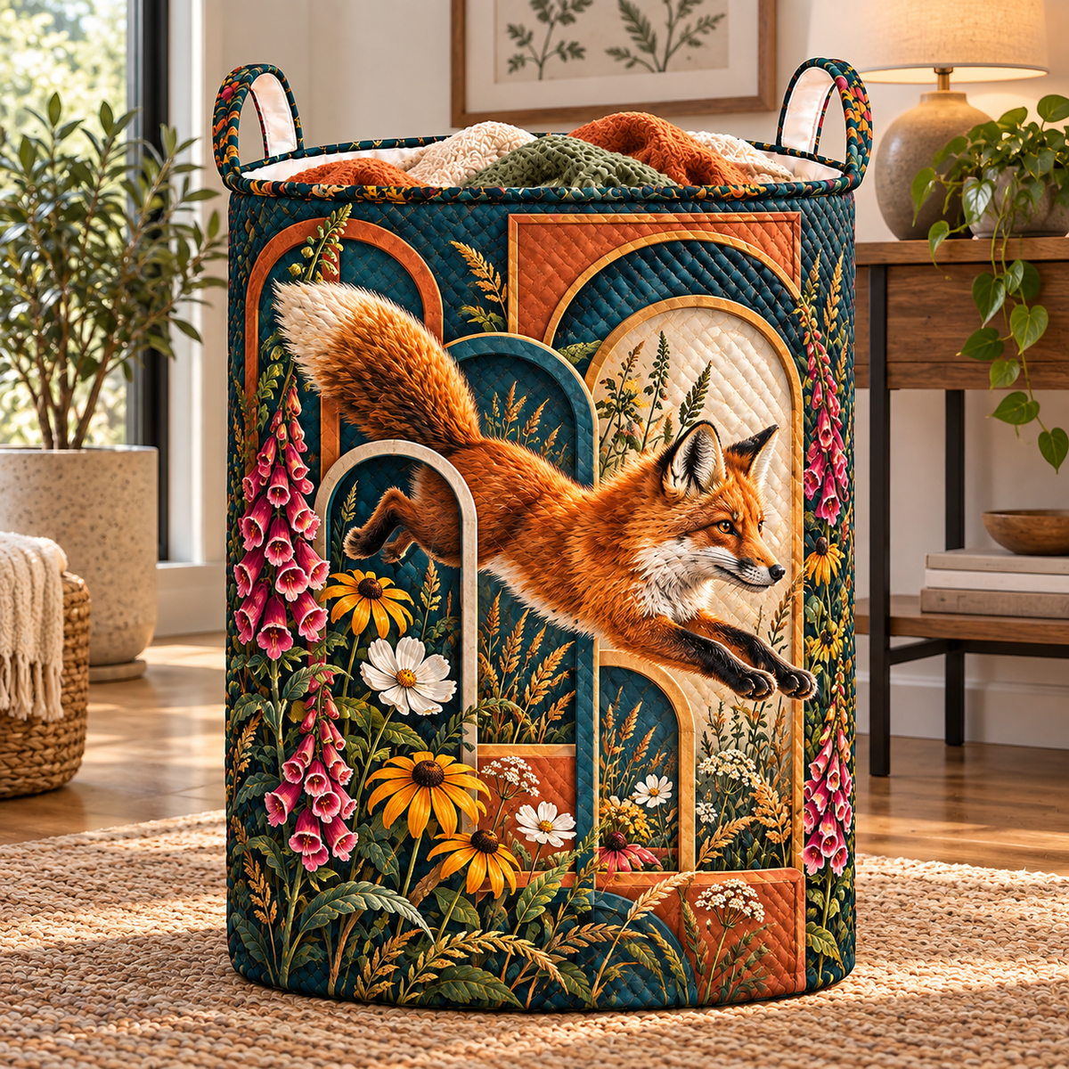 Foxglove Gallery Leap Laundry Hamper with printed optical 3D artwork in its use setting