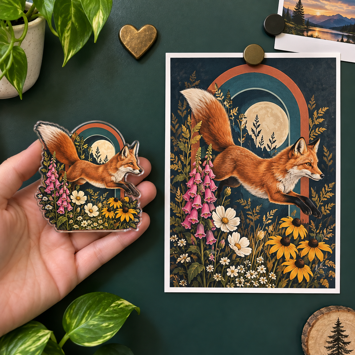 Foxglove Gallery Leap Acrylic Refrigerator Magnet with printed optical 3D artwork in its use setting
