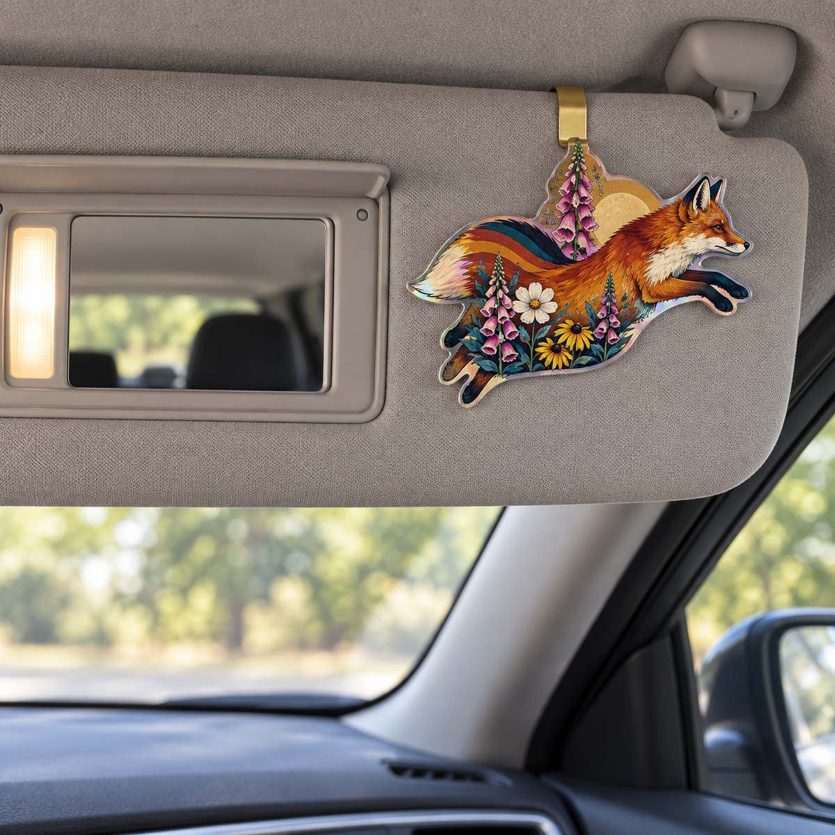 Foxglove Gallery Leap Holographic Car Visor Clip with printed optical 3D artwork in its use setting